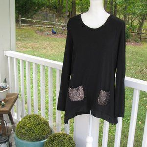 Logo Lori Goldstein Handkerchief long sleeve black top sequin pockets Small